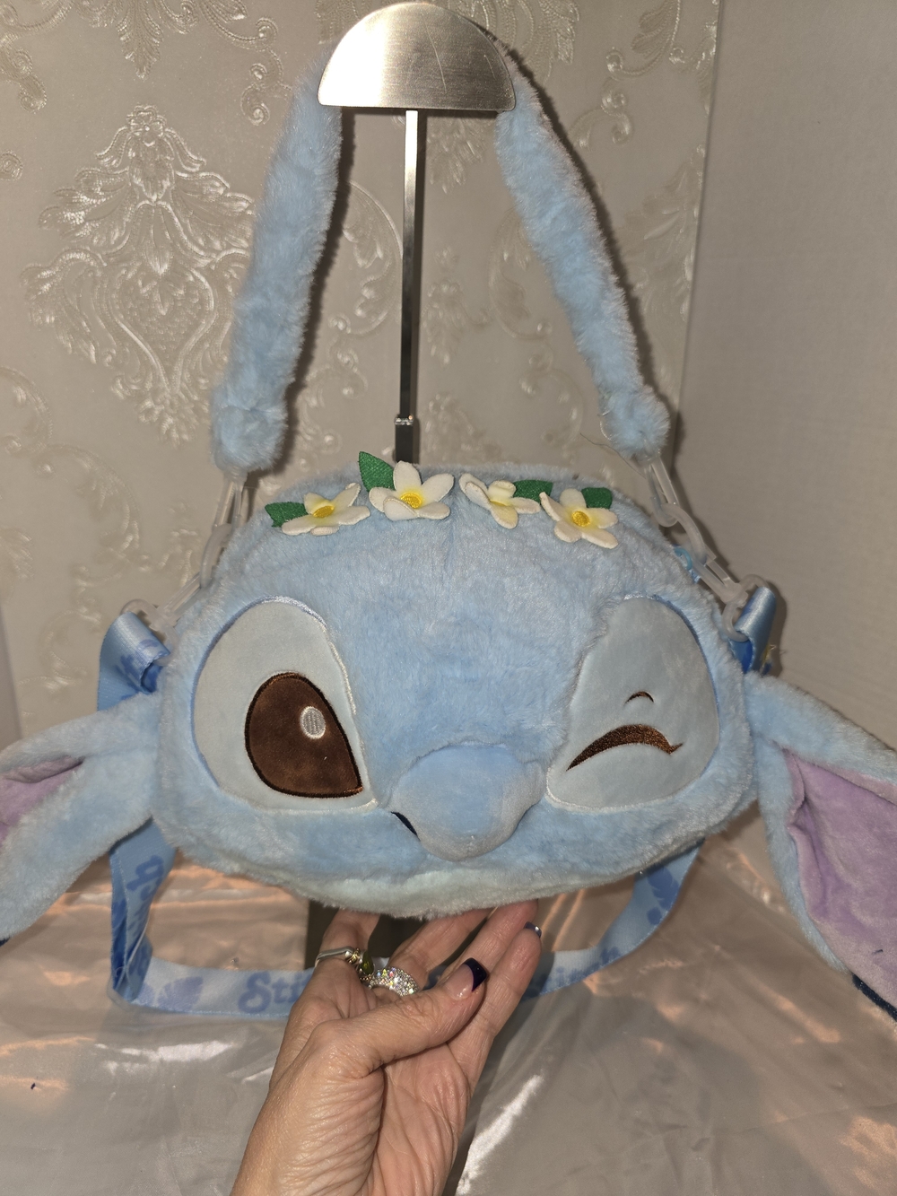 Blue Stitch Plush Crossbody Bag with Daisy Trim